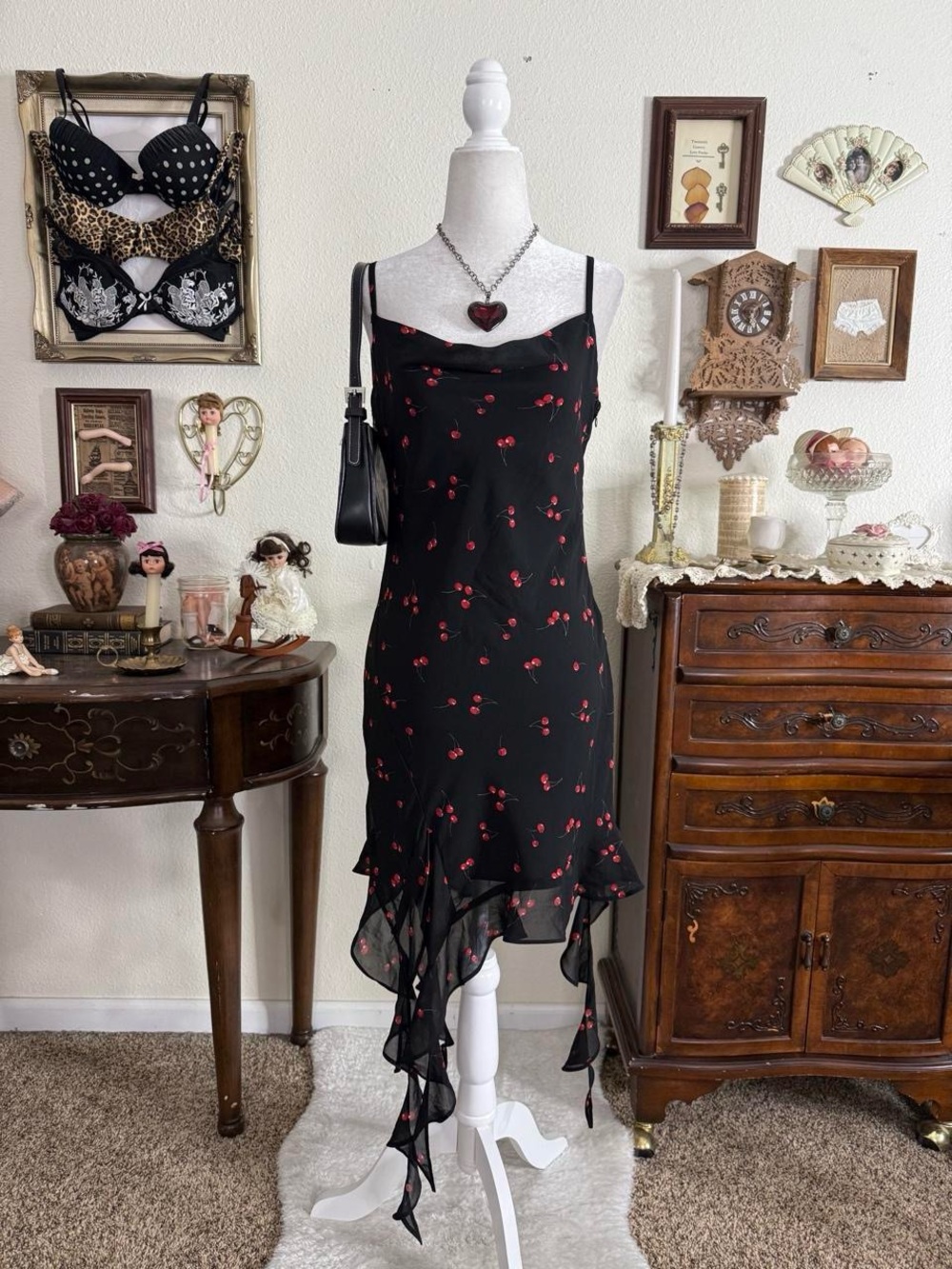 Romantic girly grunge cherry print black cowl neck dress - Picture 1 of 5